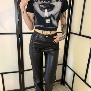 Bershka – Black Faux Leather Studded Pants (EU 32)