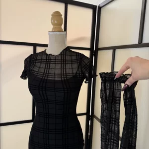Black Sheer Plaid Mesh Dress with Gloves – Size XS – Once Worn