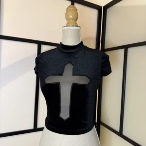 Black Mesh Cross Top – Size XS – Worn Condition