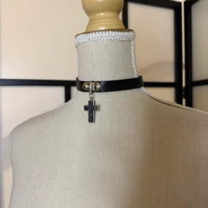 Cross Pendant Choker – Black – Adjustable – Worn Condit