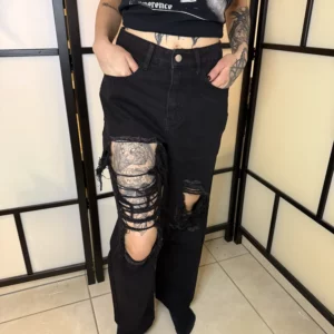 Black Ripped Wide Leg Jeans – Size S/M – New