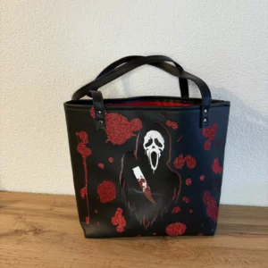 Custom Handmade Horror Tote Bag – Black/Red – Worn